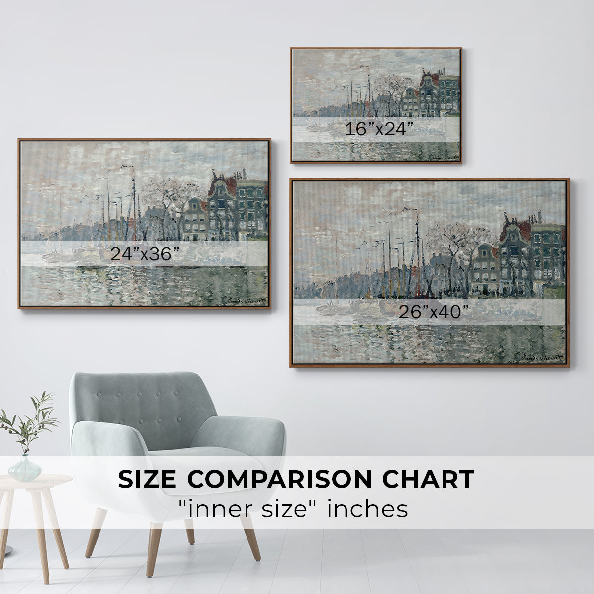 Size comparison chart for walnut floater framed canvas featuring View of the Prins Hendrikkade and Kromme Waal in Amsterdam, 1874 by Claude Monet.