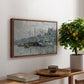 View of the Prins Hendrikkade and Kromme Waal in Amsterdam, 1874 by Claude Monet, presented in a walnut floater framed canvas featuring a canal scene with boats and buildings lining waterfront in Amsterdam, displayed above a hallway console table.