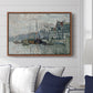 View of the Prins Hendrikkade and Kromme Waal in Amsterdam, 1874 by Claude Monet displayed above a sofa in a living room in a walnut floater frame, featuring an impressionist cityscape of canal with ships and architecture.