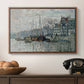 View of the Prins Hendrikkade and Kromme Waal in Amsterdam, 1874 by Claude Monet in a walnut floater framed canvas displayed above a console table in a hallway, featuring a harbor view with masts, houses, and reflections in water.
