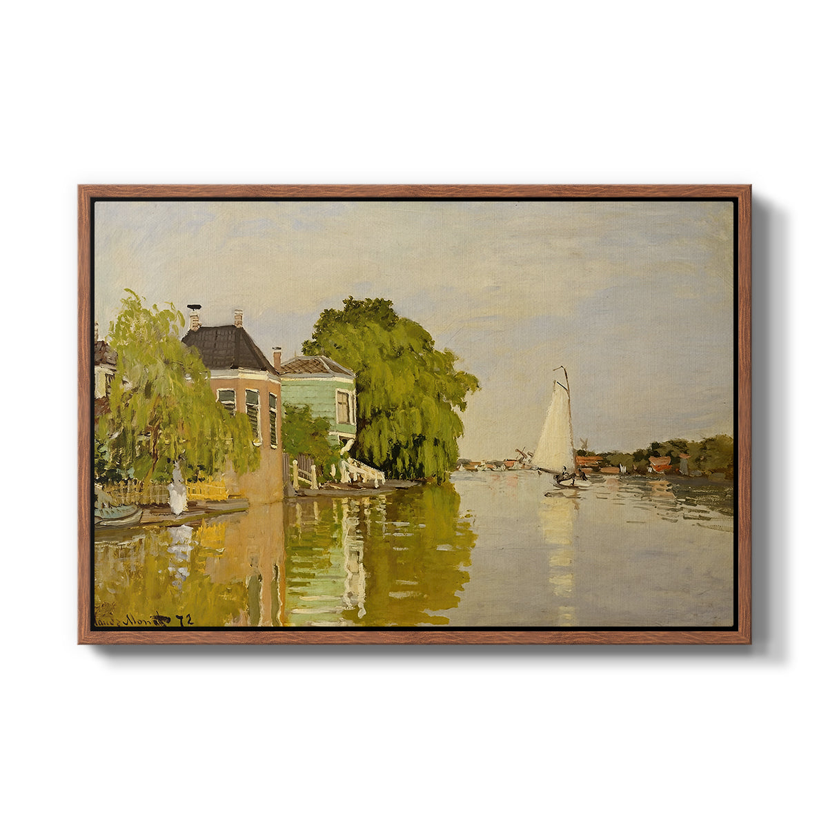 Houses on the Achterzaan, 1871 by Claude Monet in a walnut floater framed canvas wall art display.
