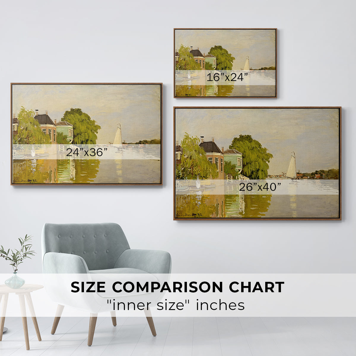 Size comparison chart for walnut floater framed canvas featuring Houses on the Achterzaan, 1871 by Claude Monet.