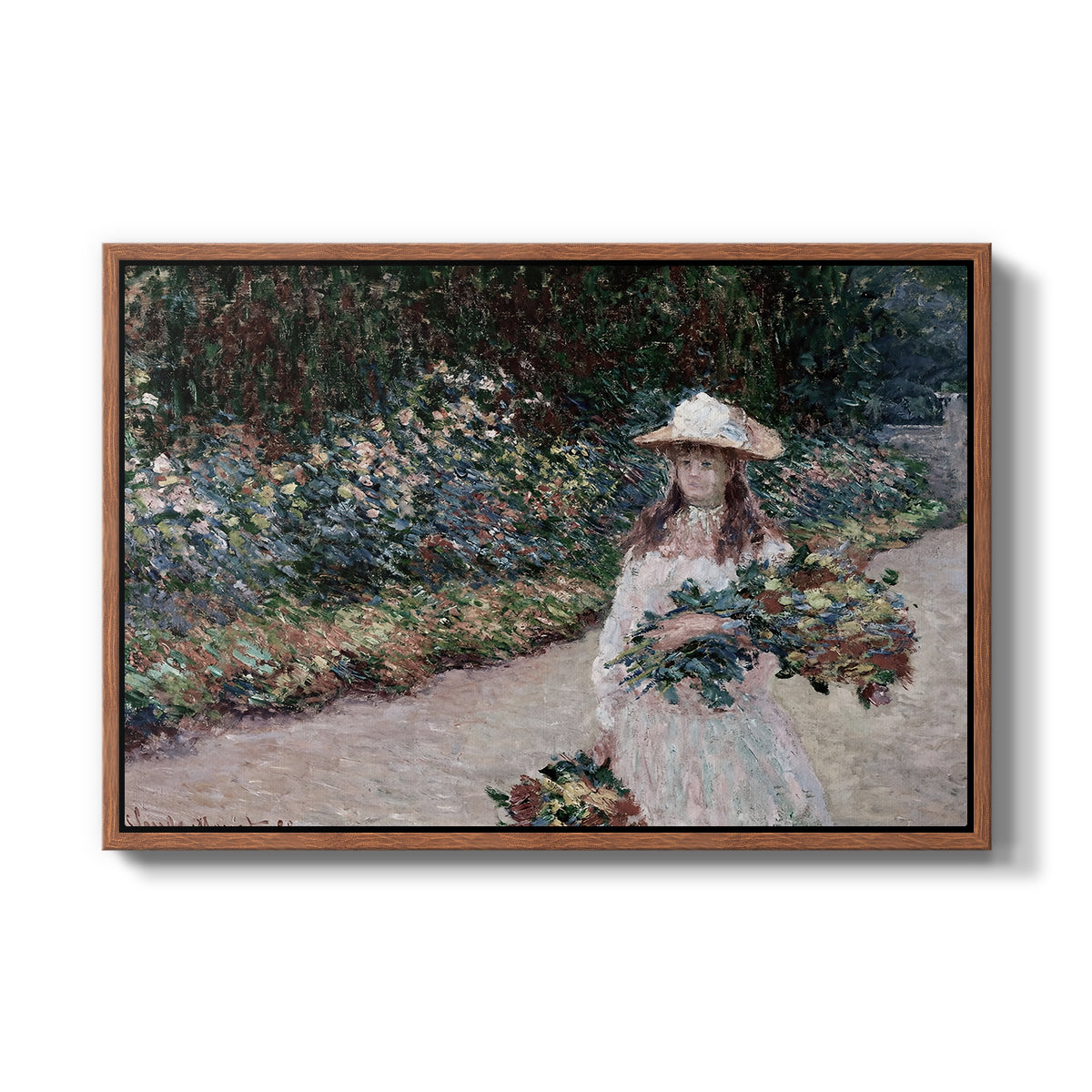 Young Girl in the Garden at Giverny, 1888 by Claude Monet in a walnut floater framed canvas wall art display.