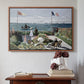Walnut floater framed canvas featuring Garden at Sainte-Adresse, 1867 by Claude Monet above an entryway table in a minimalist foyer.