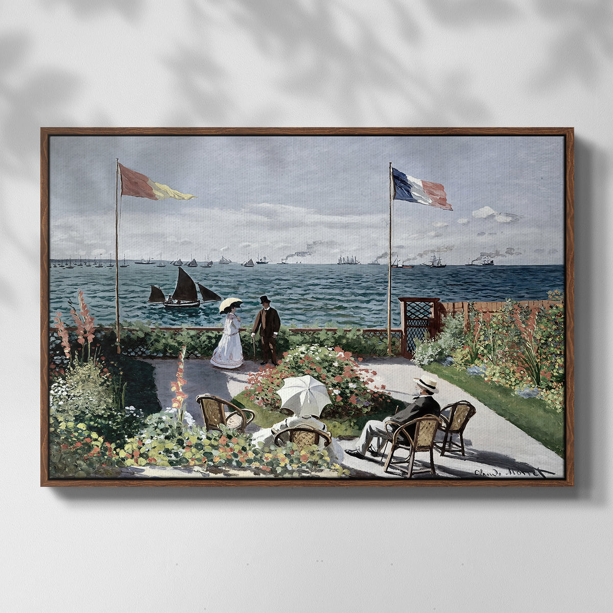 Front view of Garden at Sainte-Adresse, 1867 by Claude Monet in a walnut floater framed canvas.