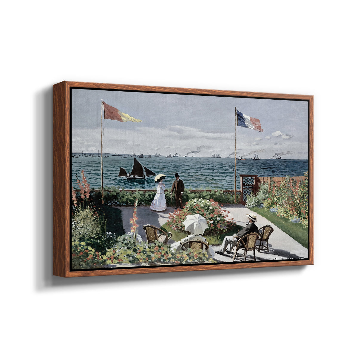 Angled view of Garden at Sainte-Adresse, 1867 by Claude Monet in a walnut floater framed canvas.
