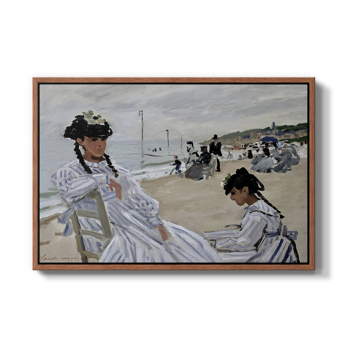 On the Beach at Trouville, 1870 by Claude Monet in a walnut floater framed canvas wall art display.