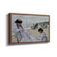 Angled view of On the Beach at Trouville, 1870 by Claude Monet in a walnut floater framed canvas.
