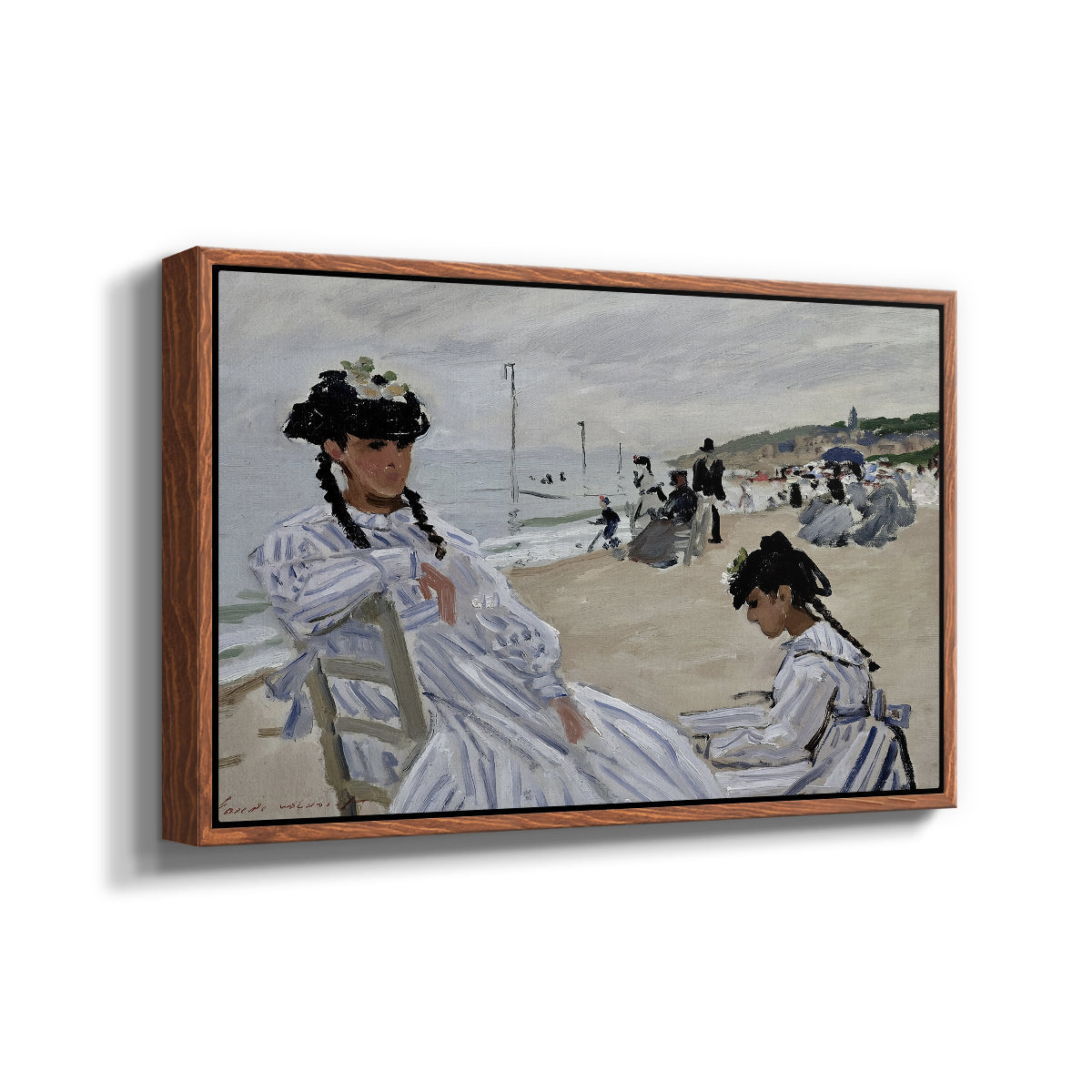Angled view of On the Beach at Trouville, 1870 by Claude Monet in a walnut floater framed canvas.