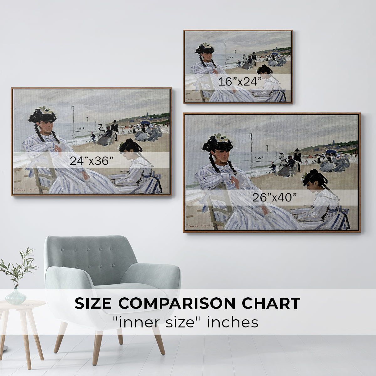 Size comparison chart for walnut floater framed canvas featuring On the Beach at Trouville, 1870 by Claude Monet.
