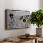 On the Beach at Trouville, 1870 by Claude Monet, presented in a walnut floater framed canvas featuring figures seated on beach with parasols facing the ocean, displayed above a hallway console table.