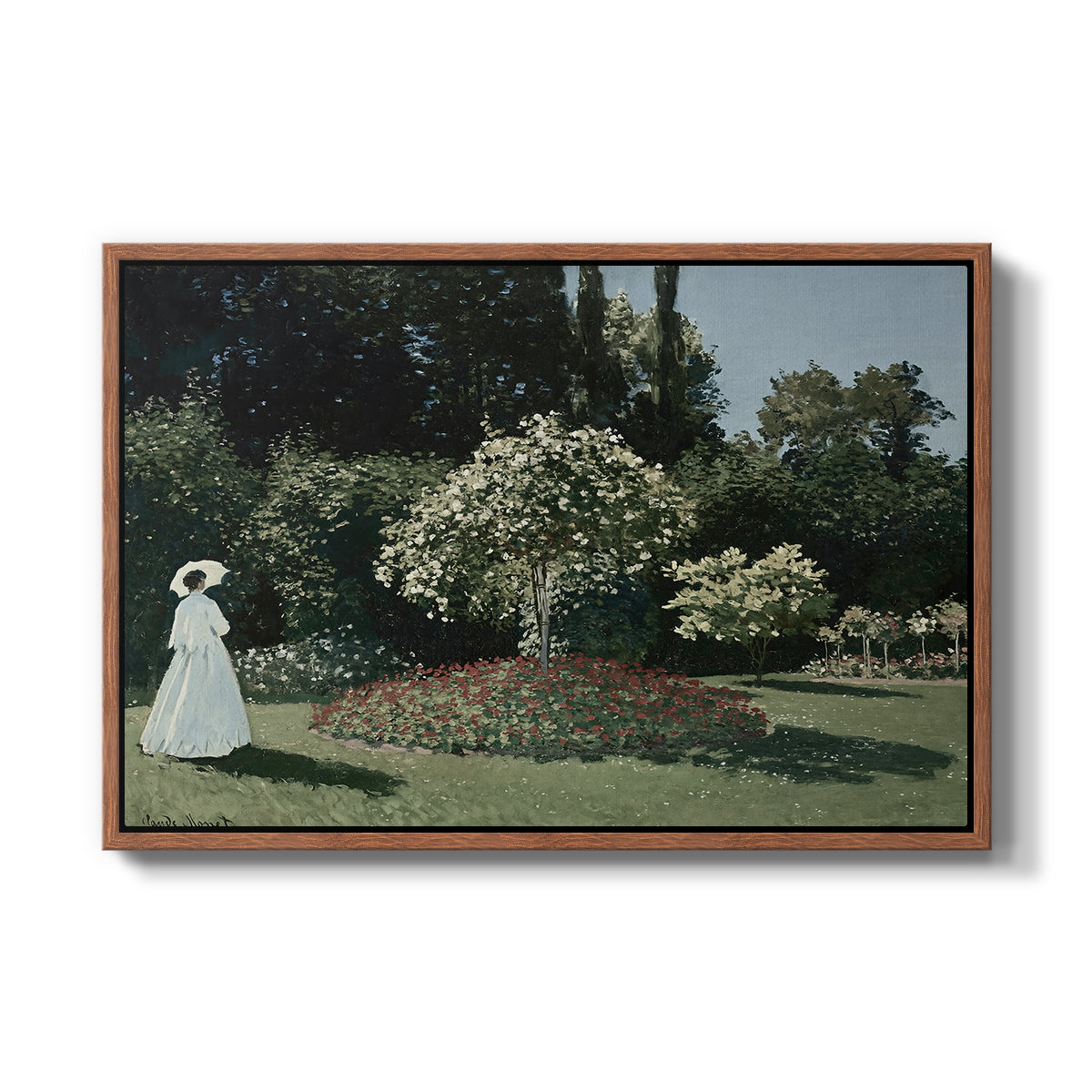 Woman in the Garden, Sainte-Adresse, 1867 by Claude Monet in a walnut floater framed canvas wall art display.