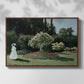 Front view of Woman in the Garden, Sainte-Adresse, 1867 by Claude Monet in a walnut floater framed canvas.