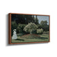 Angled view of Woman in the Garden, Sainte-Adresse, 1867 by Claude Monet in a walnut floater framed canvas.