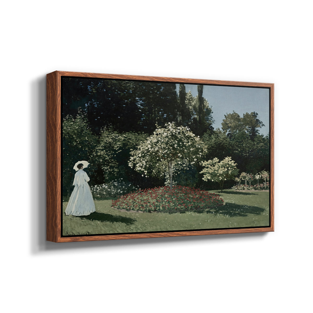 Angled view of Woman in the Garden, Sainte-Adresse, 1867 by Claude Monet in a walnut floater framed canvas.