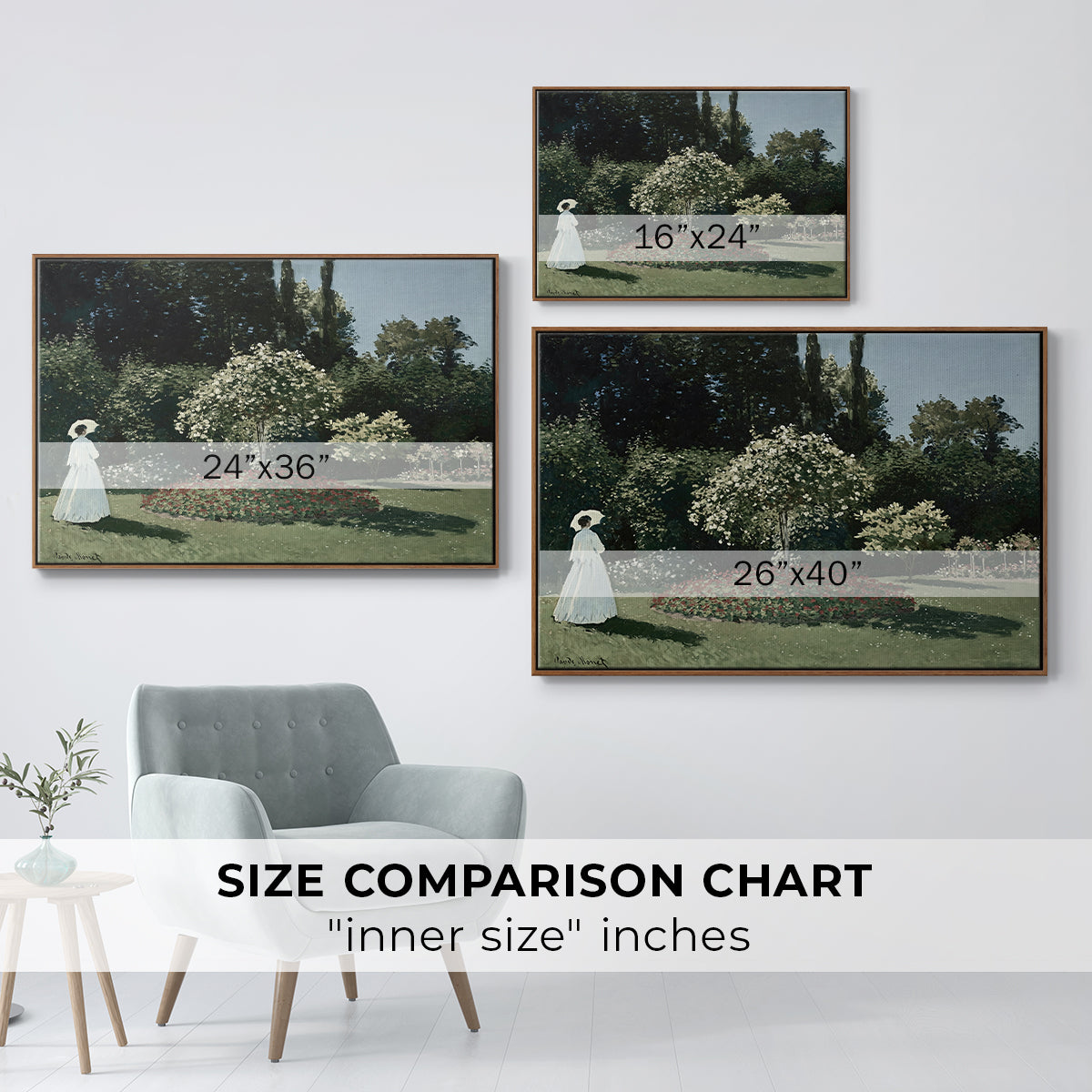 Size comparison chart for walnut floater framed canvas featuring Woman in the Garden, Sainte-Adresse, 1867 by Claude Monet.