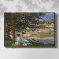 Front view of On the Bank of the Seine, Bennecourt, 1868 by Claude Monet in a walnut floater framed canvas.