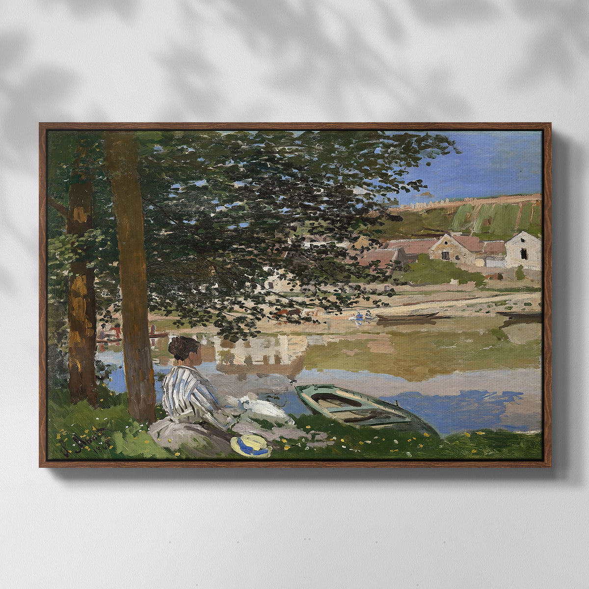 Front view of On the Bank of the Seine, Bennecourt, 1868 by Claude Monet in a walnut floater framed canvas.