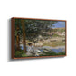 Angled view of On the Bank of the Seine, Bennecourt, 1868 by Claude Monet in a walnut floater framed canvas.