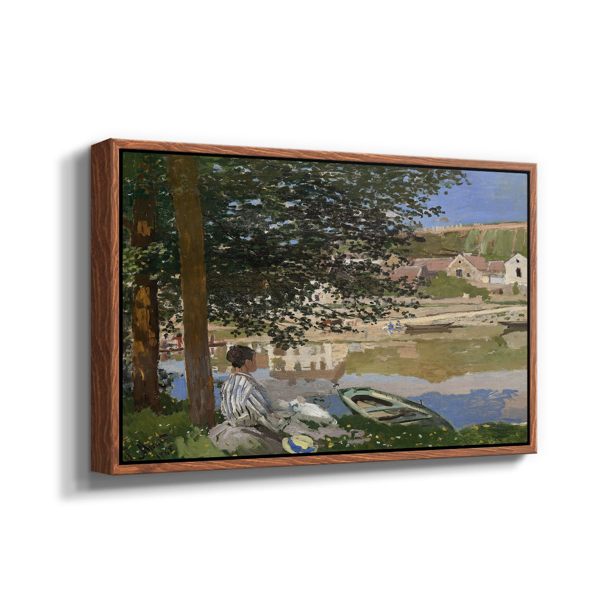 Angled view of On the Bank of the Seine, Bennecourt, 1868 by Claude Monet in a walnut floater framed canvas.