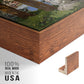 Close-up of the walnut floater frame corner and gallery wrapped canvas construction.