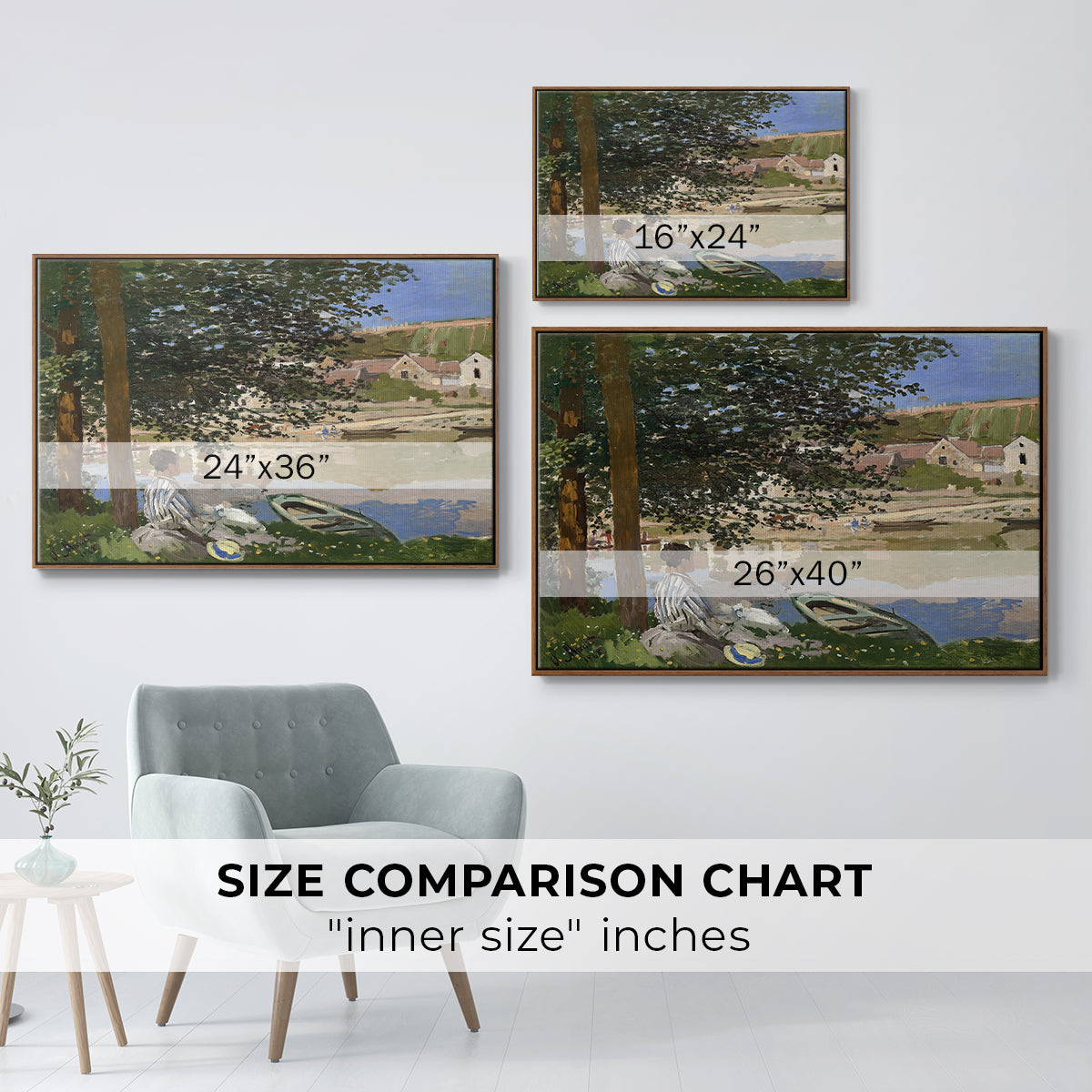 Size comparison chart for walnut floater framed canvas featuring On the Bank of the Seine, Bennecourt, 1868 by Claude Monet.
