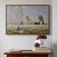 Walnut floater framed canvas featuring Summer (L'ete), 1874 by Claude Monet above an entryway table in a minimalist foyer.