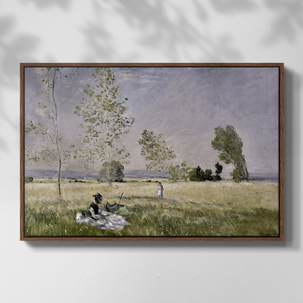 Front view of Summer (L'ete), 1874 by Claude Monet in a walnut floater framed canvas.