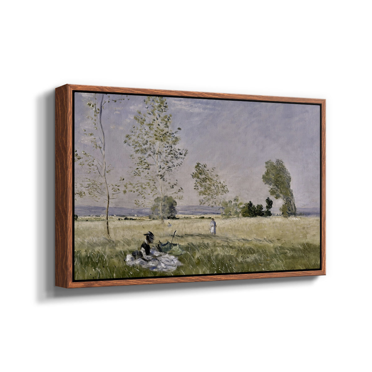 Angled view of Summer (L'ete), 1874 by Claude Monet in a walnut floater framed canvas.