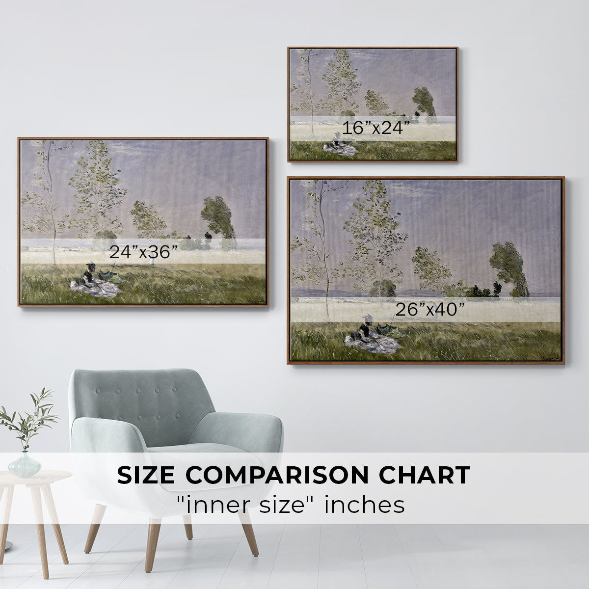 Size comparison chart for walnut floater framed canvas featuring Summer (L'ete), 1874 by Claude Monet.