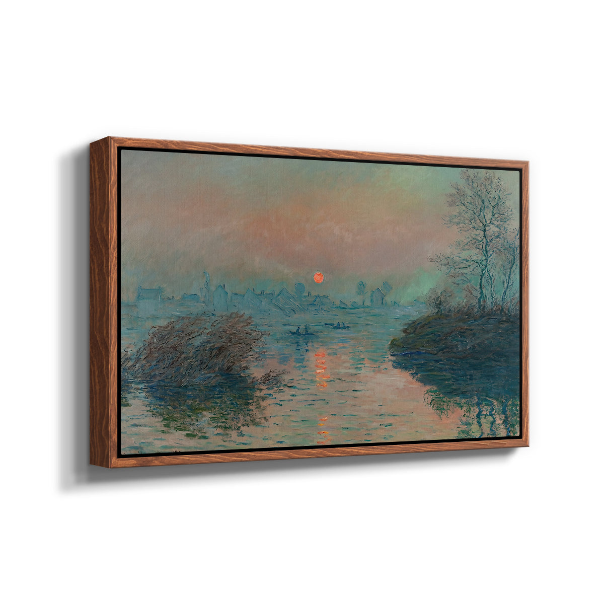 Angled view of Sunset on the Seine at Lavacourt, Winter Effect, 1880 by Claude Monet in a walnut floater framed canvas.