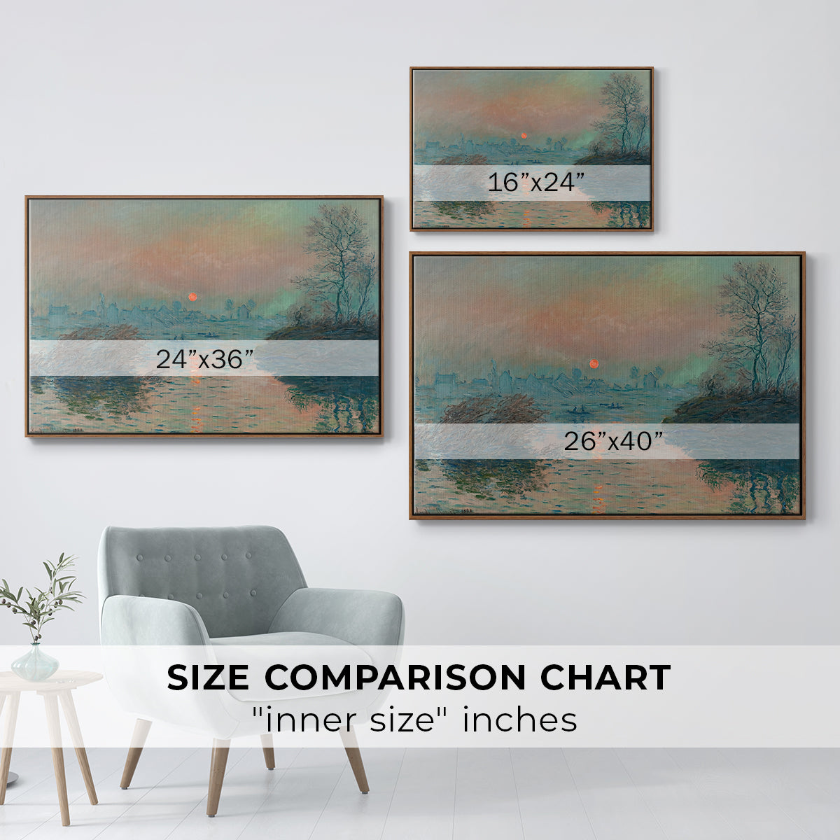 Size comparison chart for walnut floater framed canvas featuring Sunset on the Seine at Lavacourt, Winter Effect, 1880 by Claude Monet.