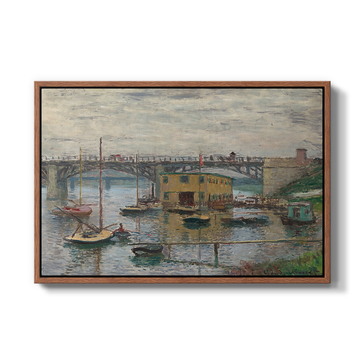 Bridge at Argenteuil on a Gray Day, c. 1876 by Claude Monet in a walnut floater framed canvas wall art display.
