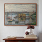 Walnut floater framed canvas featuring Bridge at Argenteuil on a Gray Day, c. 1876 by Claude Monet above an entryway table in a minimalist foyer.