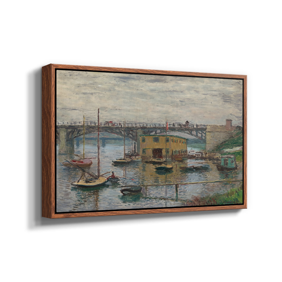 Angled view of Bridge at Argenteuil on a Gray Day, c. 1876 by Claude Monet in a walnut floater framed canvas.