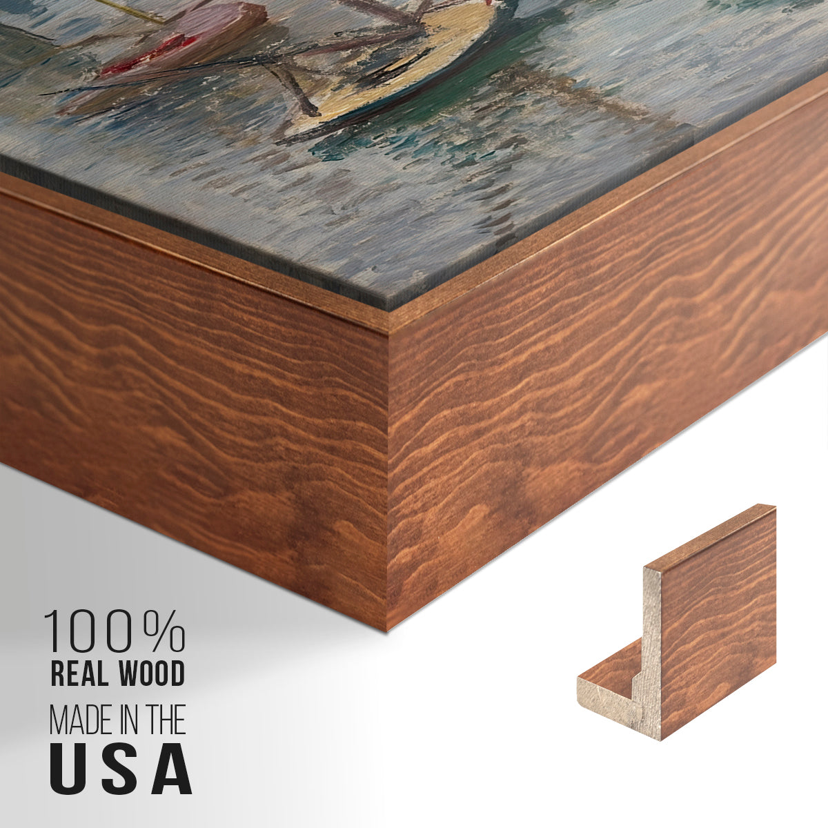Close-up of the walnut floater frame corner and gallery wrapped canvas construction.