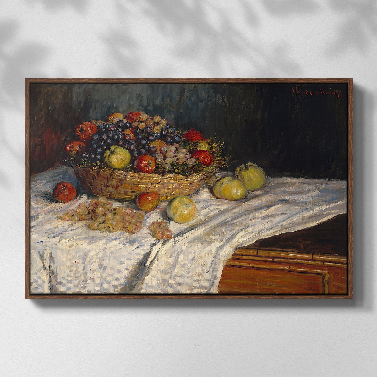 Front view of Still Life with Apples and Grapes, 1880 by Claude Monet in a walnut floater framed canvas.