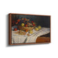 Angled view of Still Life with Apples and Grapes, 1880 by Claude Monet in a walnut floater framed canvas.