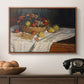Still Life with Apples and Grapes, 1880 by Claude Monet in a walnut floater framed canvas displayed above a console table in a hallway, featuring a tabletop composition with fruit and subtle shadows.