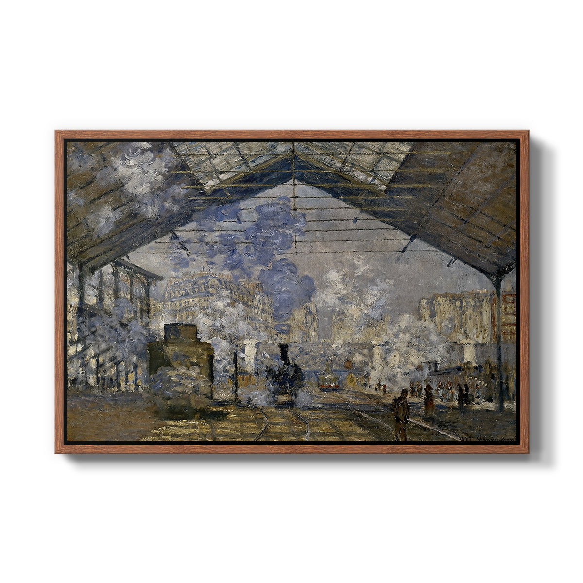 The Gare Saint-Lazare, 1877 by Claude Monet in a walnut floater framed canvas wall art display.