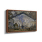 Angled view of The Gare Saint-Lazare, 1877 by Claude Monet in a walnut floater framed canvas.