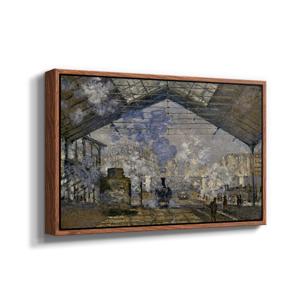 Angled view of The Gare Saint-Lazare, 1877 by Claude Monet in a walnut floater framed canvas.