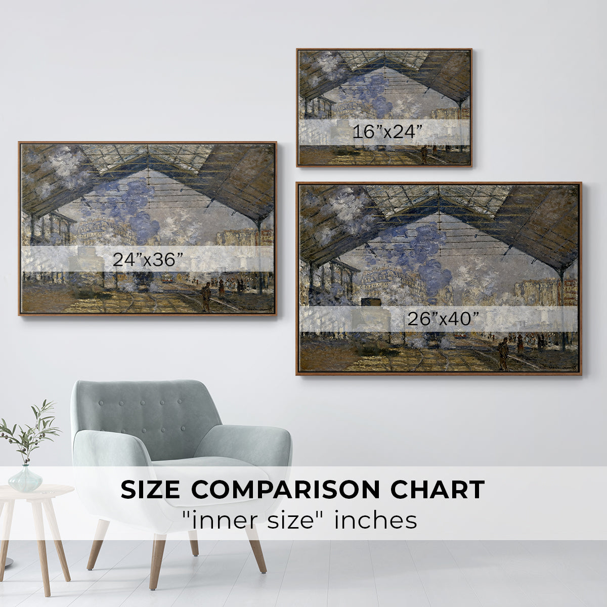 Size comparison chart for walnut floater framed canvas featuring The Gare Saint-Lazare, 1877 by Claude Monet.