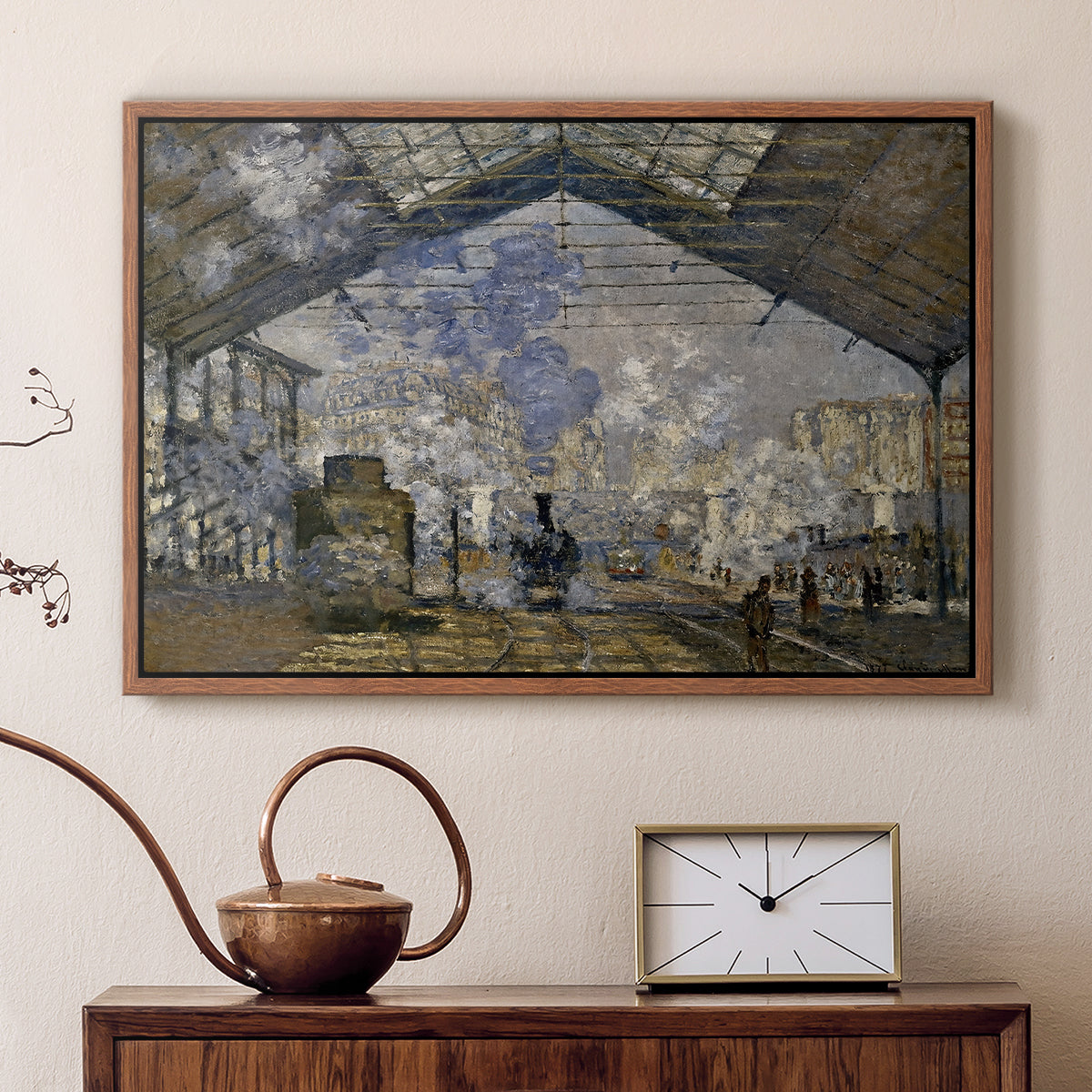 Walnut floater framed canvas featuring an industrial interior with steam clouds and rail tracks, displayed above a cabinet in a soft-toned living room.