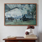 Walnut floater framed canvas featuring The Saint-Lazare Station, 1877 by Claude Monet above an entryway table in a minimalist foyer.
