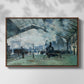 Front view of The Saint-Lazare Station, 1877 by Claude Monet in a walnut floater framed canvas.