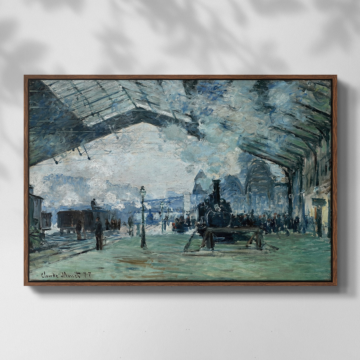 Front view of The Saint-Lazare Station, 1877 by Claude Monet in a walnut floater framed canvas.