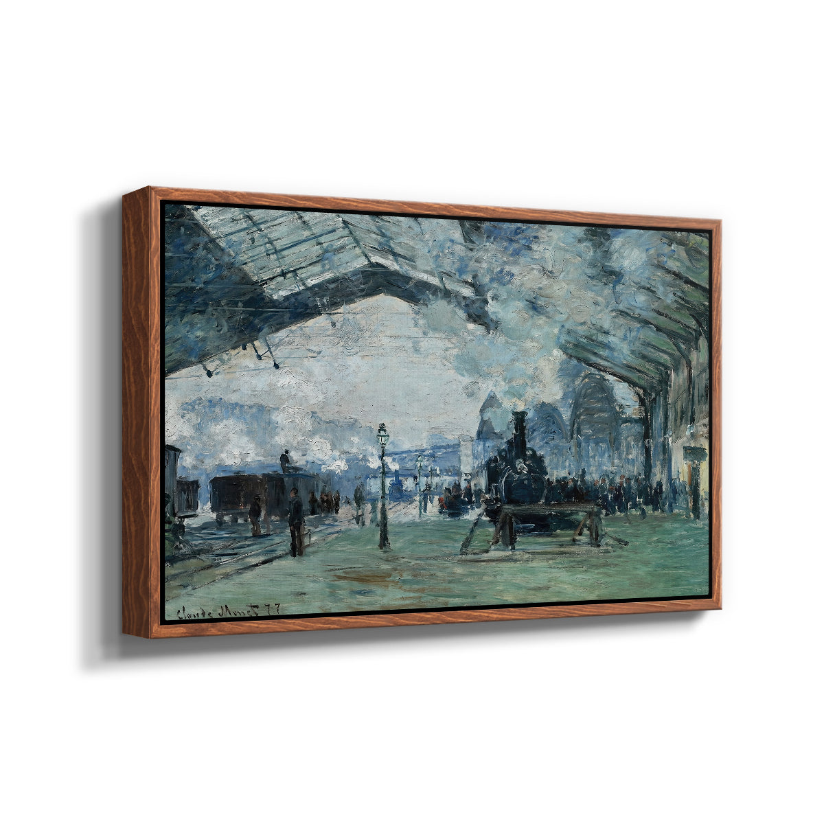 Angled view of The Saint-Lazare Station, 1877 by Claude Monet in a walnut floater framed canvas.