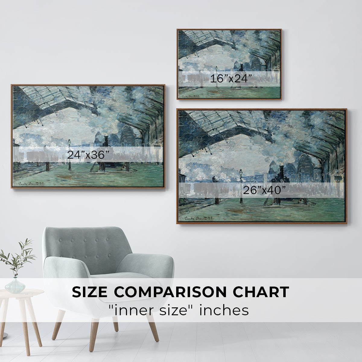 Size comparison chart for walnut floater framed canvas featuring The Saint-Lazare Station, 1877 by Claude Monet.