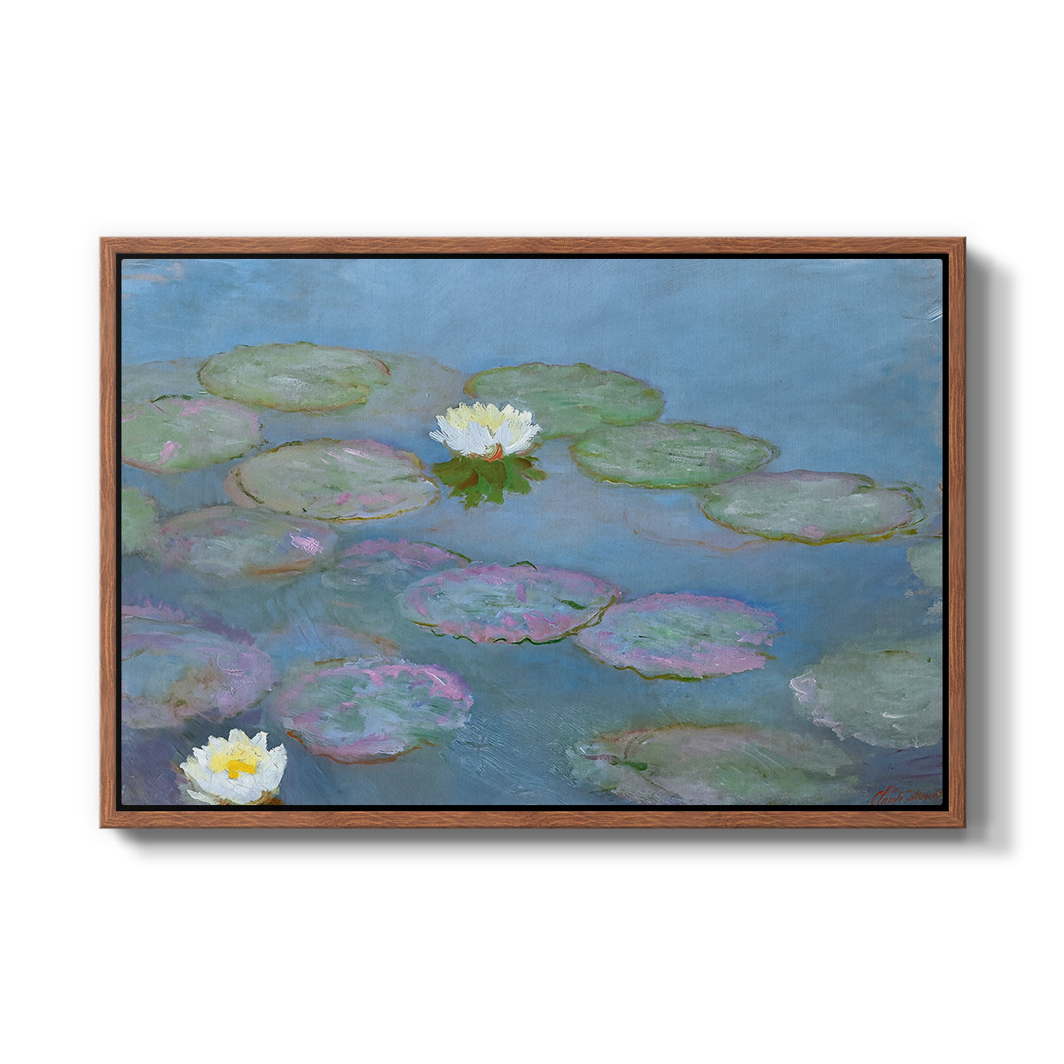 Water Lilies (Nymphéas), 1897-1899 by Claude Monet in a walnut floater framed canvas wall art display.